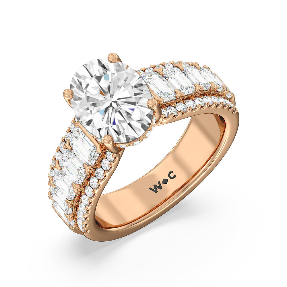 Emerald Side Stone Broad Band Hidden Halo Engagement Ring with Oval Cut Diamond in 14KT Rose Gold view 3
