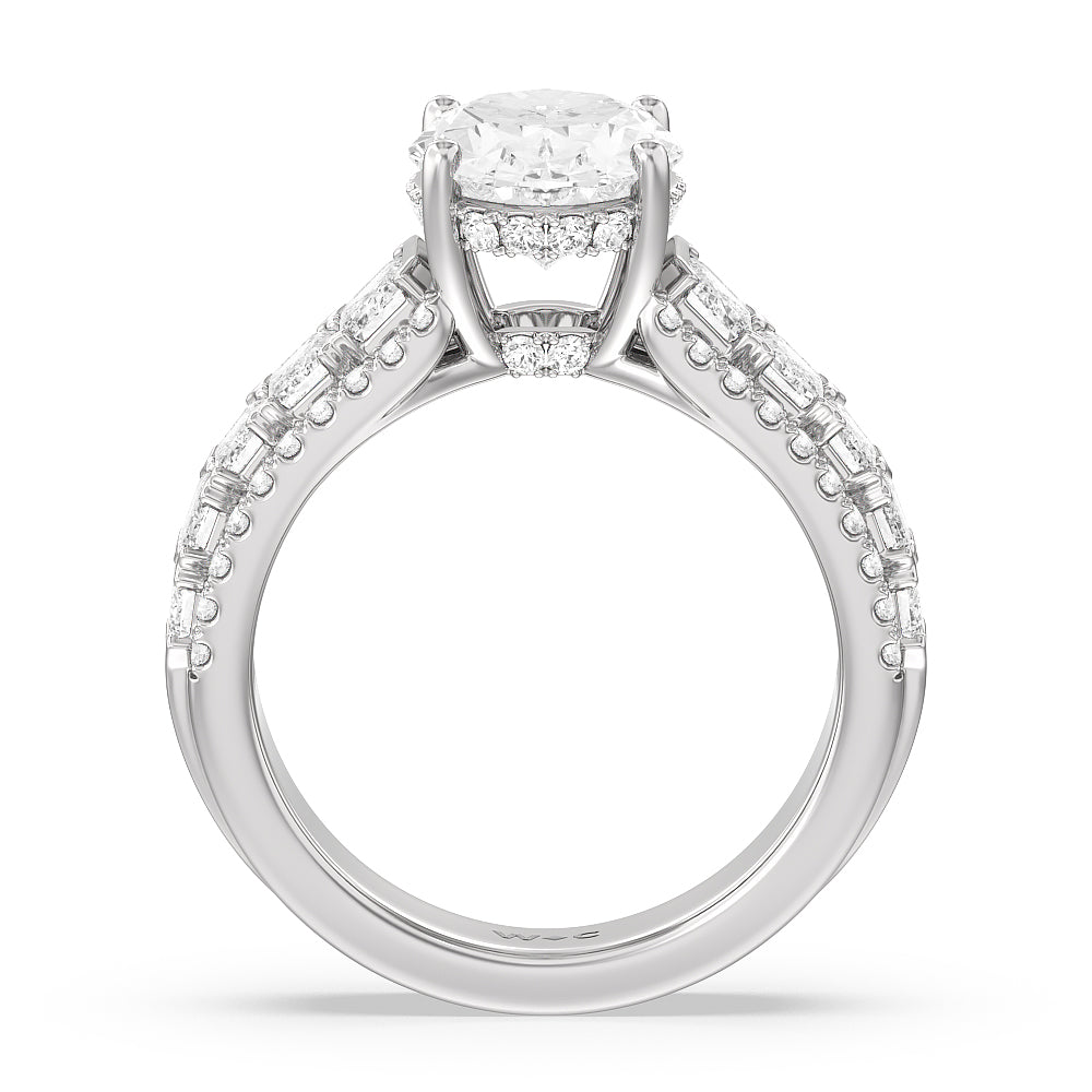 Emerald Side Stone Broad Band Hidden Halo Engagement Ring with Oval Cut Diamond in 14KT Platinum view 2
