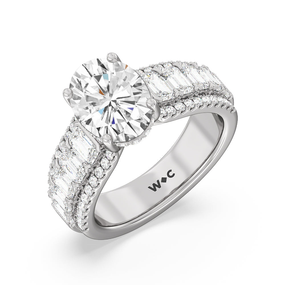 Emerald Side Stone Broad Band Hidden Halo Engagement Ring with Oval Cut Diamond in 14KT Platinum view 3
