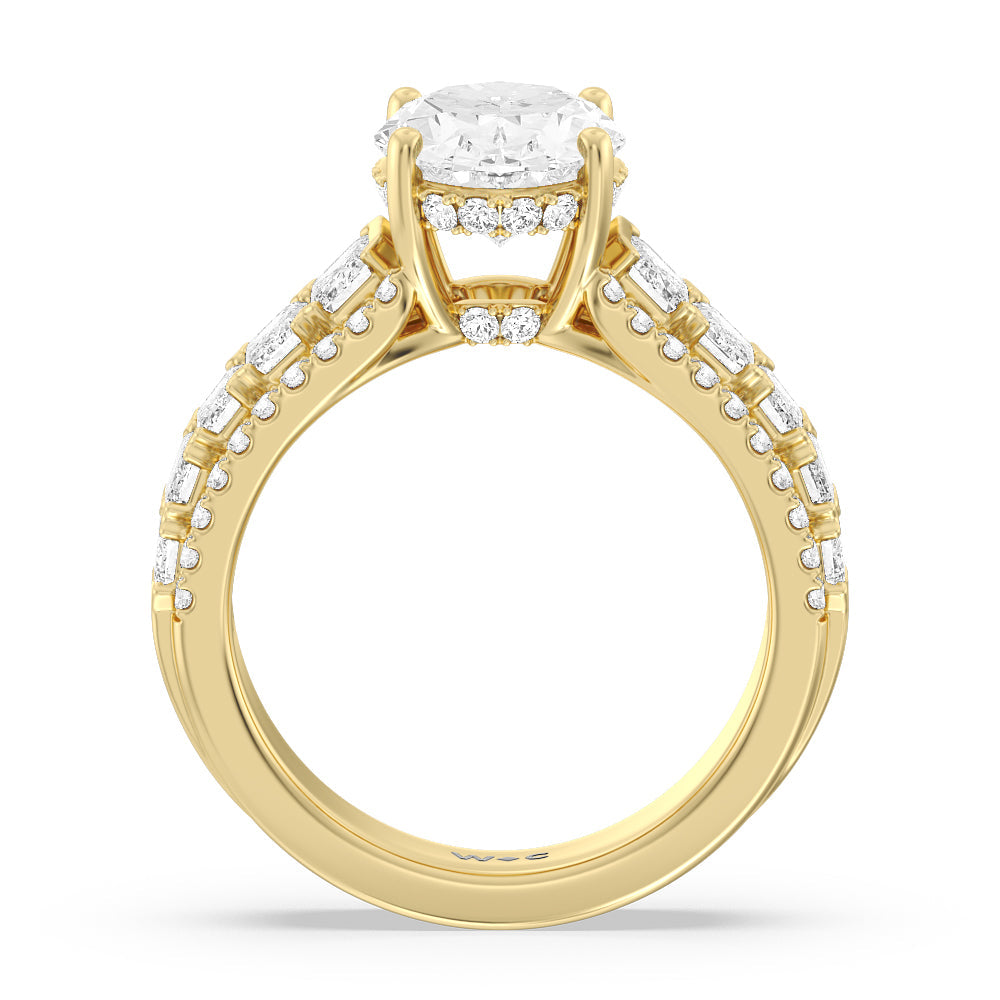 Emerald Side Stone Broad Band Hidden Halo Engagement Ring with Oval Cut Diamond in 14KT Yellow Gold view 2
