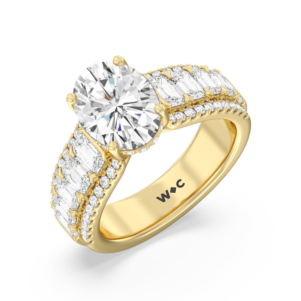 Emerald Side Stone Broad Band Hidden Halo Engagement Ring with Oval Cut Diamond in 14KT Yellow Gold view 3
