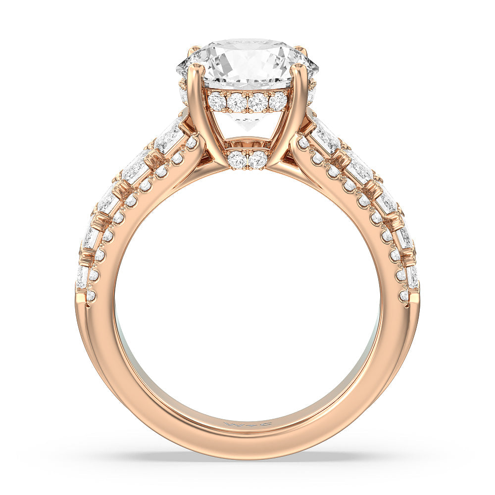 Emerald Side Stone Broad Band Hidden Halo Engagement Ring with Round Cut Diamond in 14KT Rose Gold view 2
