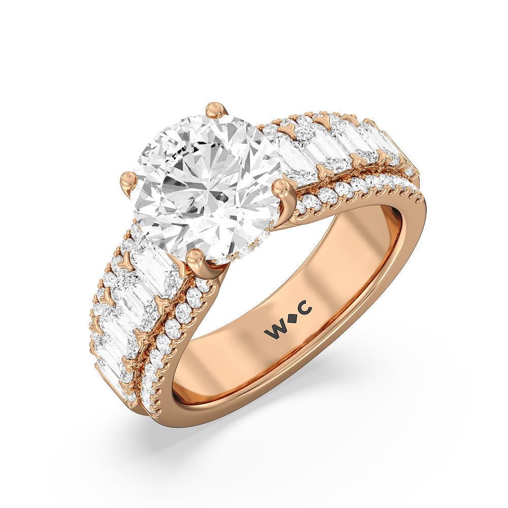 Emerald Side Stone Broad Band Hidden Halo Engagement Ring with Round Cut Diamond in 14KT Rose Gold view 3
