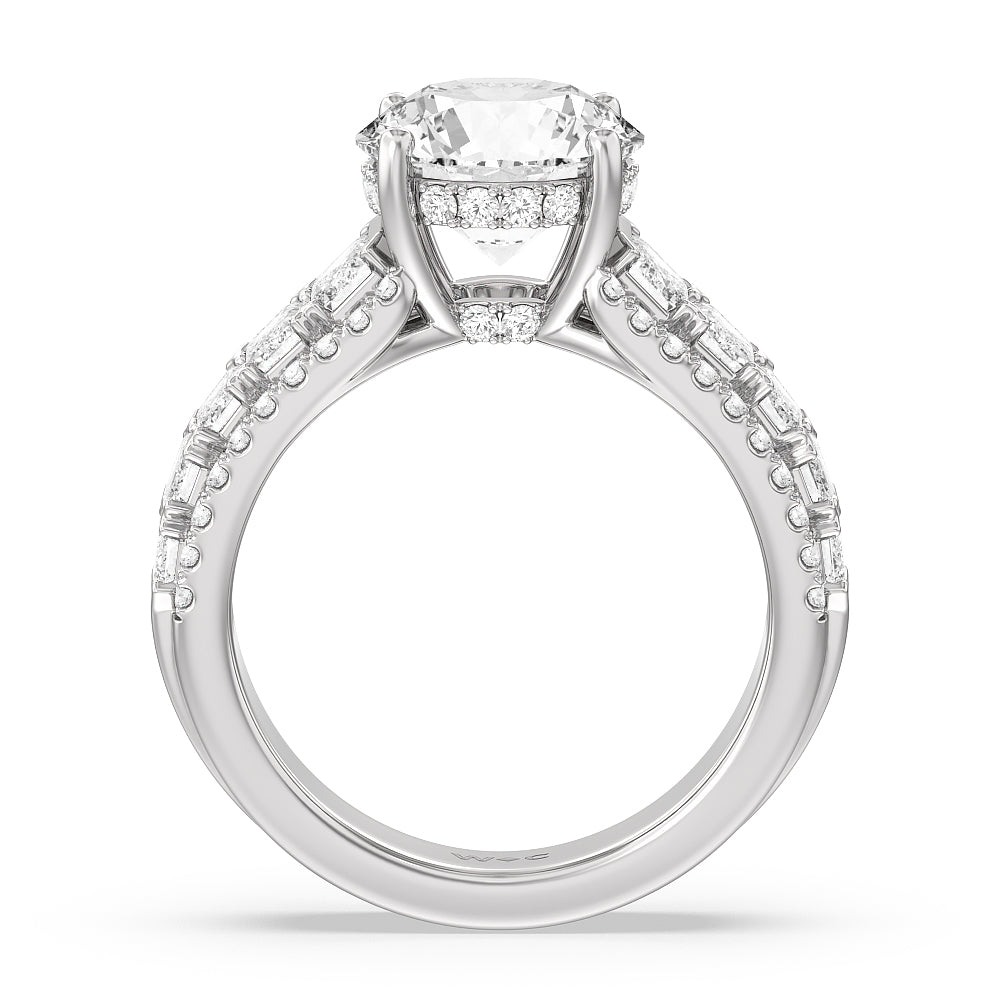 Emerald Side Stone Broad Band Hidden Halo Engagement Ring with Round Cut Diamond in 14KT Platinum view 2
