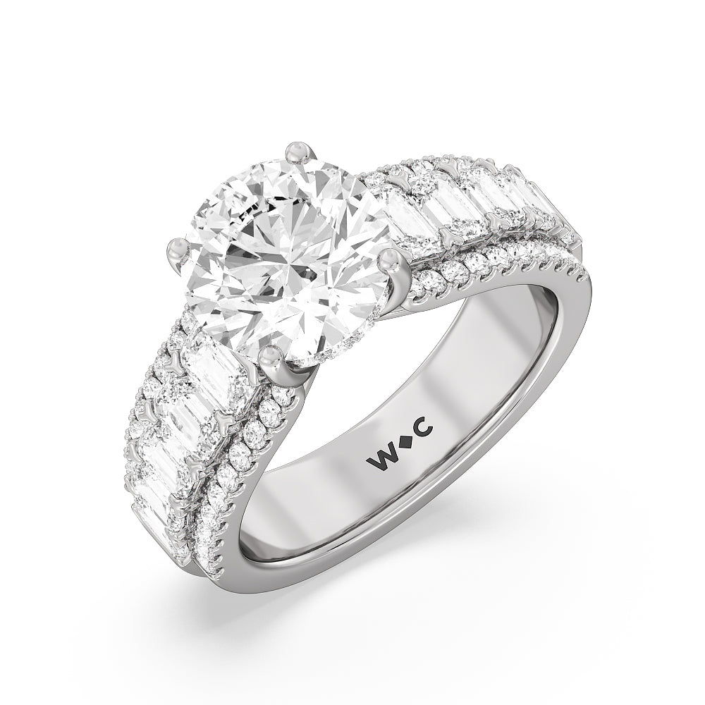 Emerald Side Stone Broad Band Hidden Halo Engagement Ring with Round Cut Diamond in 14KT Platinum view 3
