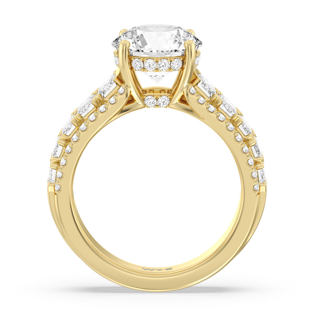 Emerald Side Stone Broad Band Hidden Halo Engagement Ring with Round Cut Diamond in 14KT Yellow Gold view 2
