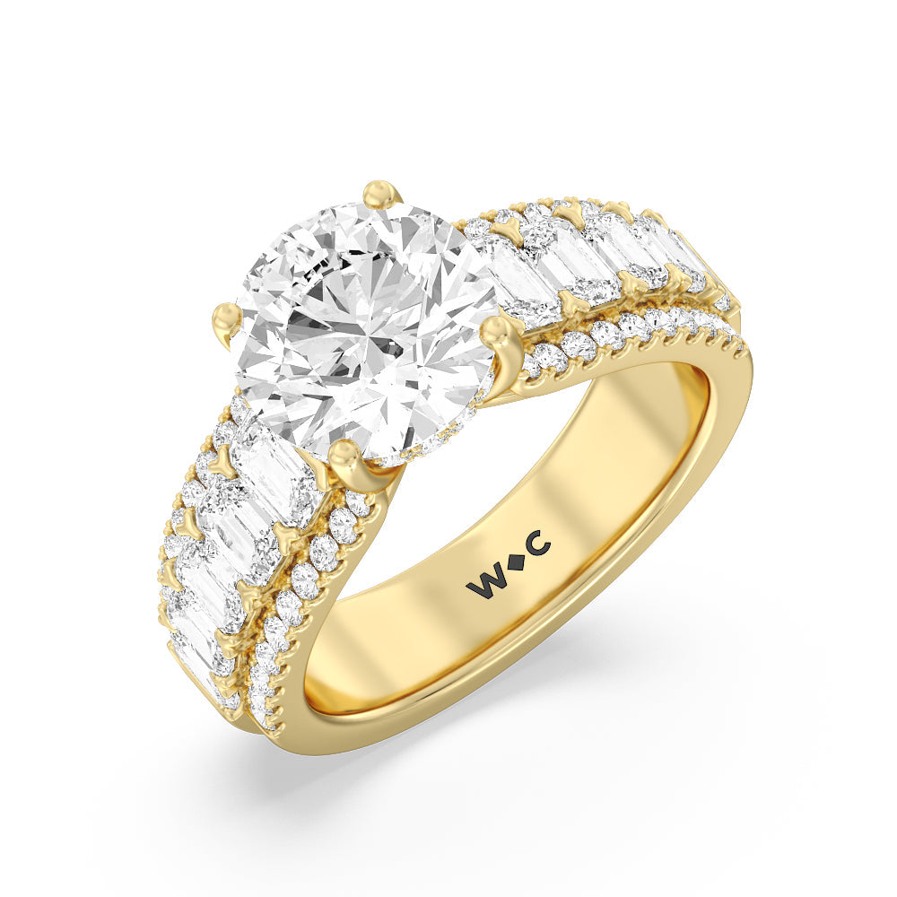 Emerald Side Stone Broad Band Hidden Halo Engagement Ring with Round Cut Diamond in 14KT Yellow Gold view 3
