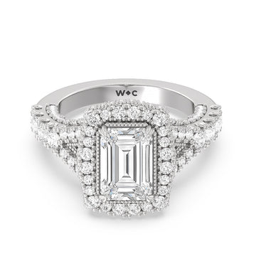 heritage halo basket and studded bridge split shank engagement ring