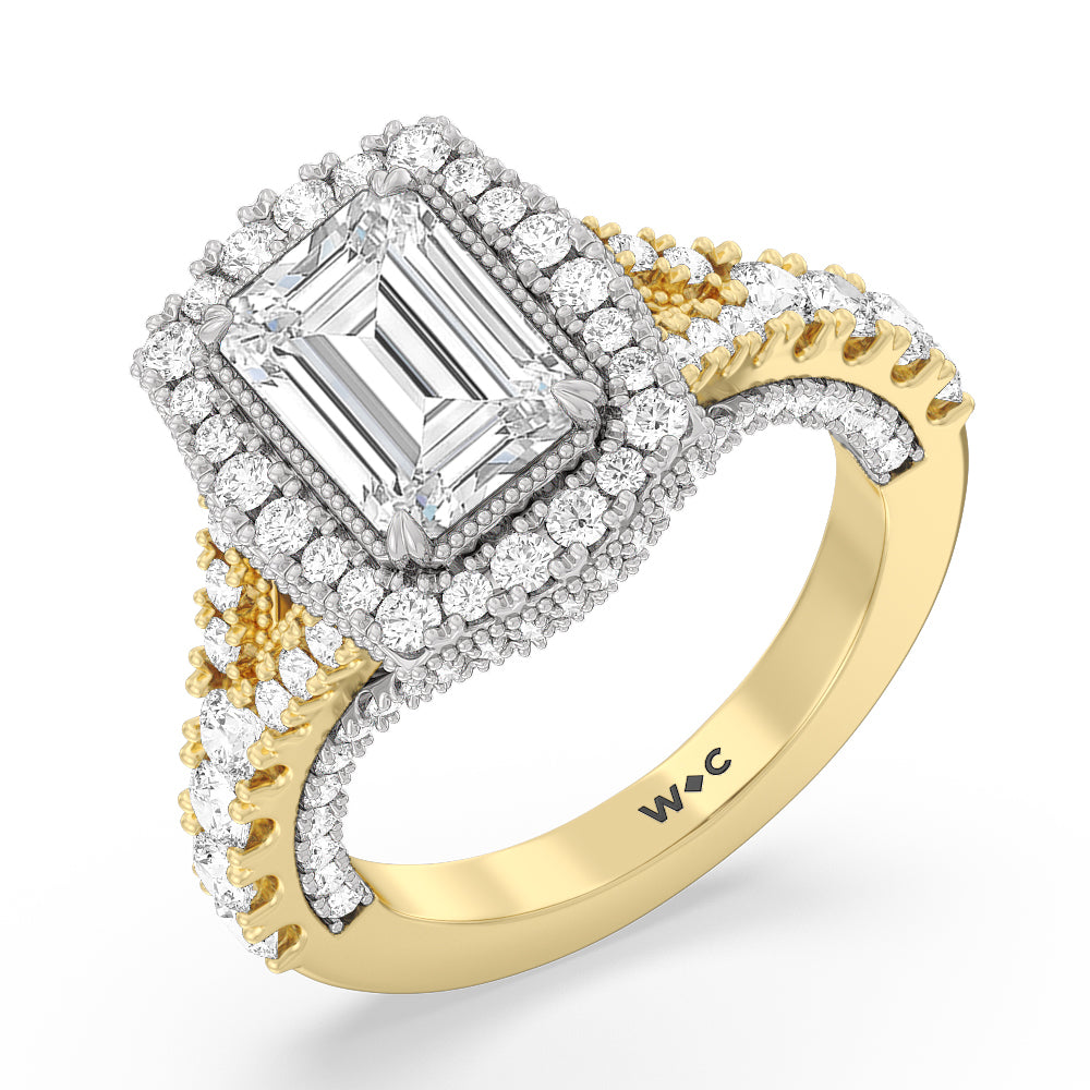 The Cloister Ring with Emerald Cut Diamond in 14KT White & Yellow Gold view 3
