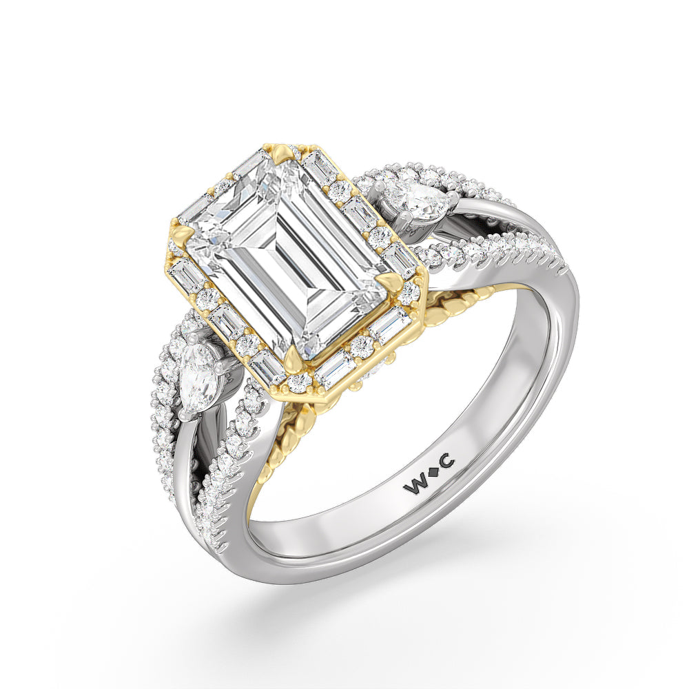 The Whitney Ring with Emerald Cut Diamond in 14KT White & Yellow Gold view 2
