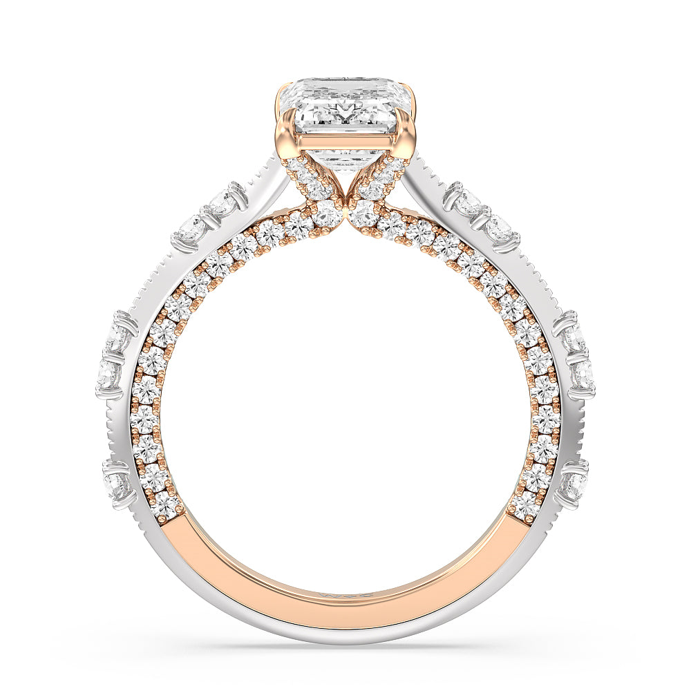 Celestia Knife Edge Milgrain Engagement Ring with Emerald Cut Diamond in 14KT White & Rose Gold view 2
