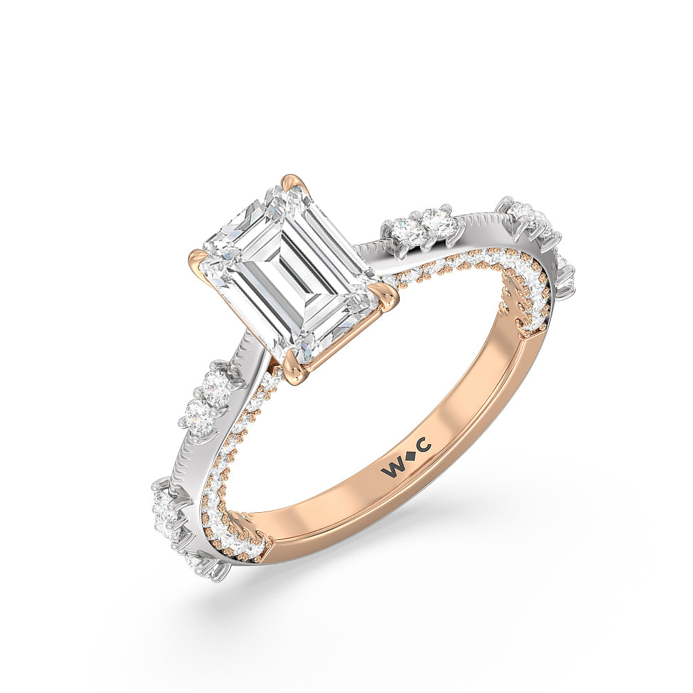 Celestia Knife Edge Milgrain Engagement Ring with Emerald Cut Diamond in 14KT White & Rose Gold view 3
