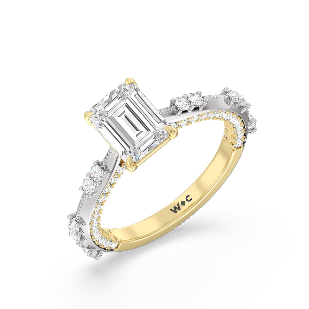 Celestia Knife Edge Milgrain Engagement Ring with Emerald Cut Diamond in 14KT White & Yellow Gold view 3
