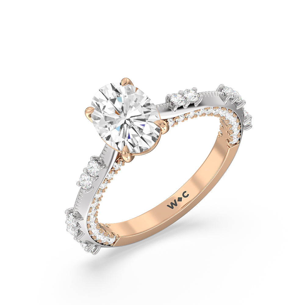 Celestia Knife Edge Milgrain Engagement Ring with Oval Cut Diamond in 14KT White & Rose Gold view 3
