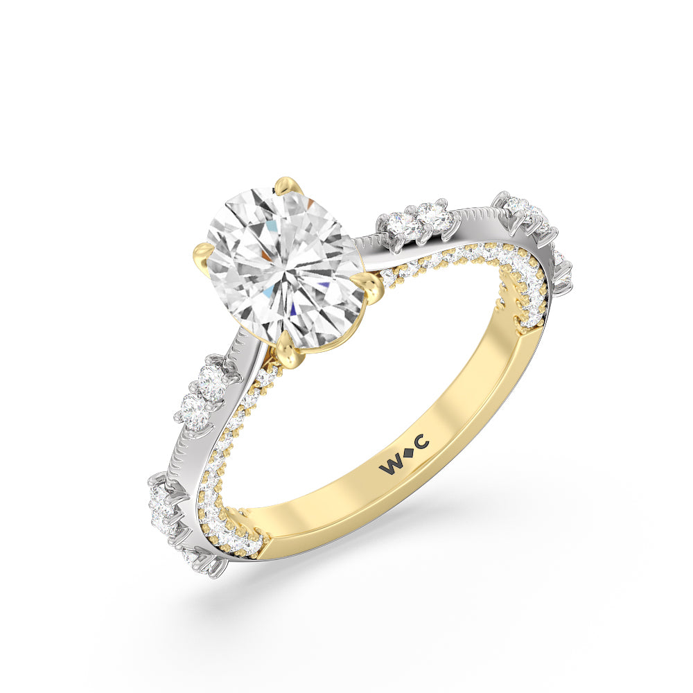Celestia Knife Edge Milgrain Engagement Ring with Oval Cut Diamond in 14KT White & Yellow Gold view 3

