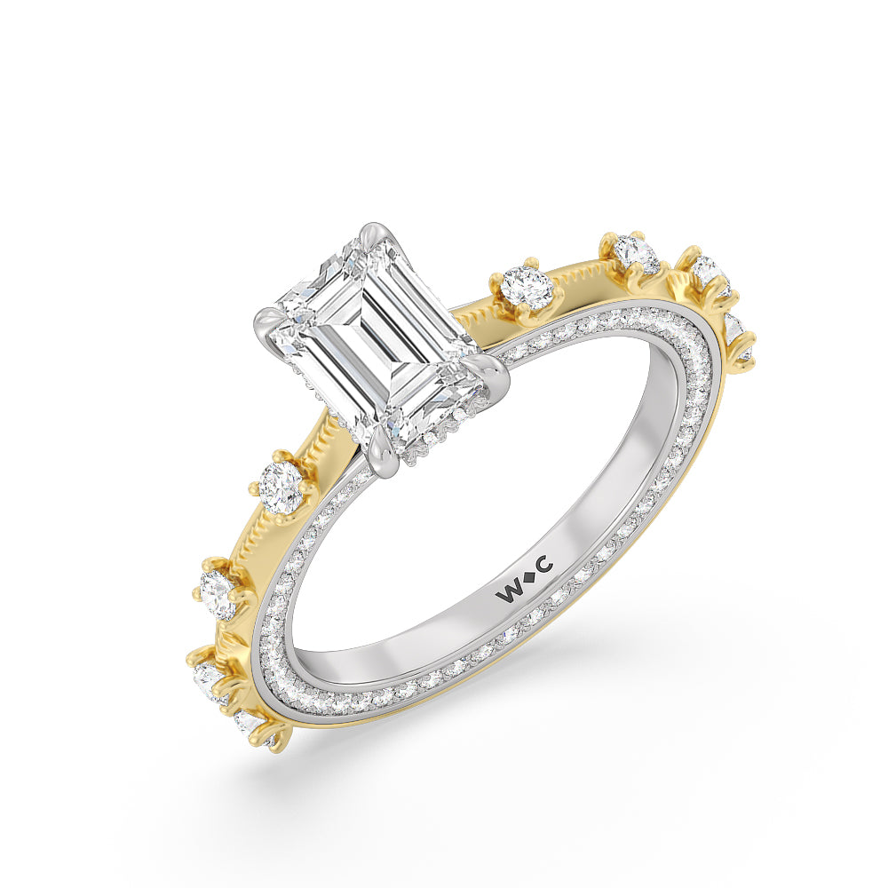 Emerald Cut Celestia Hidden Halo Engagement Ring with Lab Grown Diamond in 14KT White & Yellow Gold view 3
