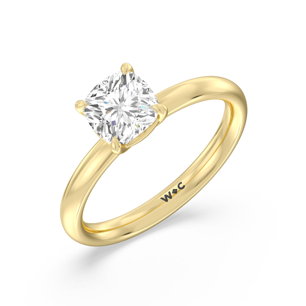 Cushion Cut Classic Four Prong Petite Comfort Fit Solitaire Engagement Ring with Lab Grown Diamond in 14KT Yellow Gold view 3
