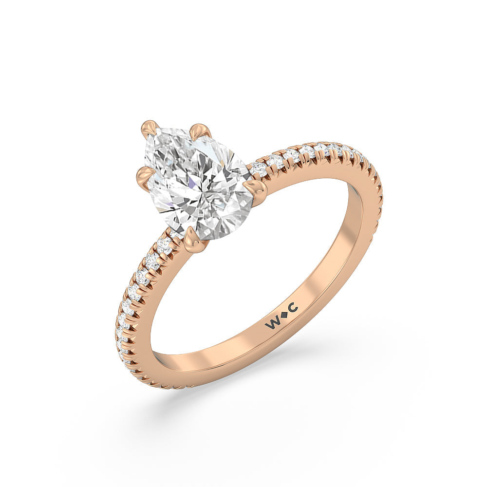 French Cut Pave Diamond Engagement Ring (1/4 CT) with Pear Cut Diamond in 14KT Rose Gold view 3
