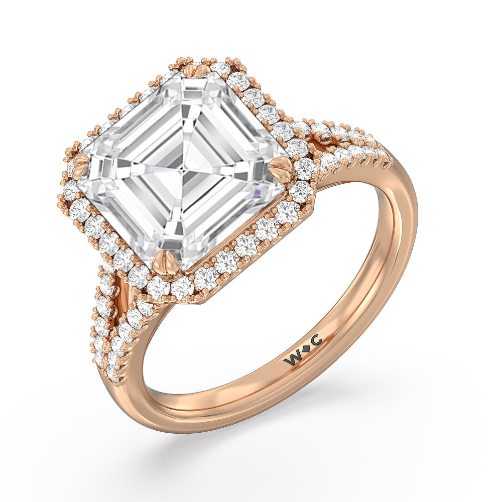 Elegance Split Shank Halo Engagement Ring with Asscher Cut Diamond in 14KT Rose Gold view 3
