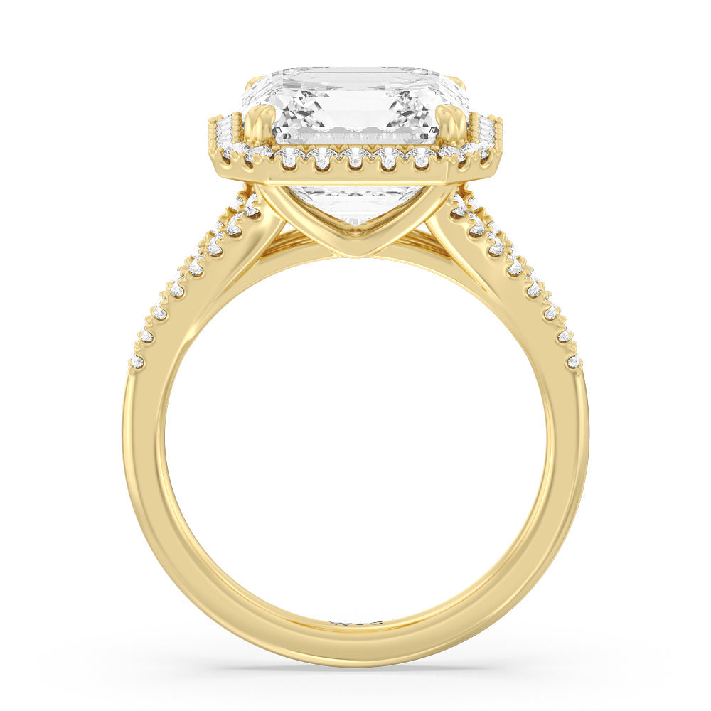 Elegance Split Shank Halo Engagement Ring with Asscher Cut Diamond in 14KT Yellow Gold view 2
