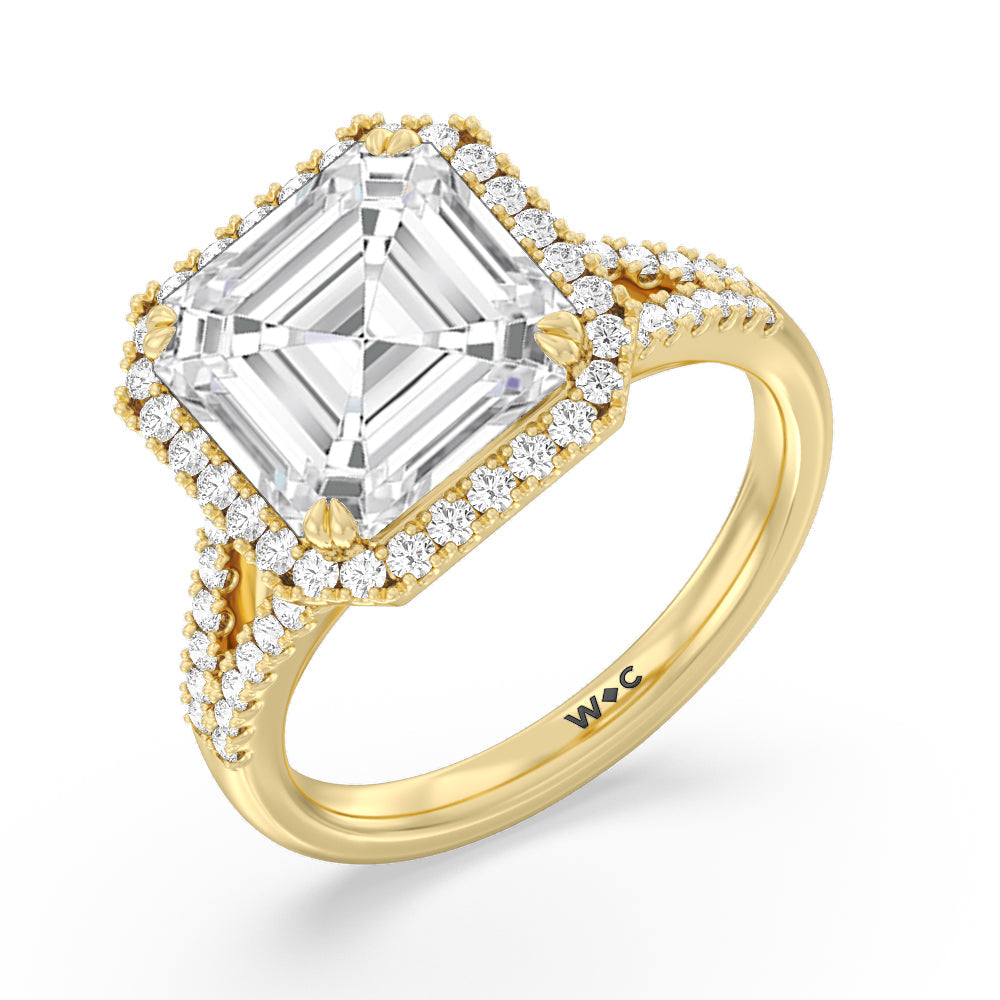 Elegance Split Shank Halo Engagement Ring with Asscher Cut Diamond in 14KT Yellow Gold view 3
