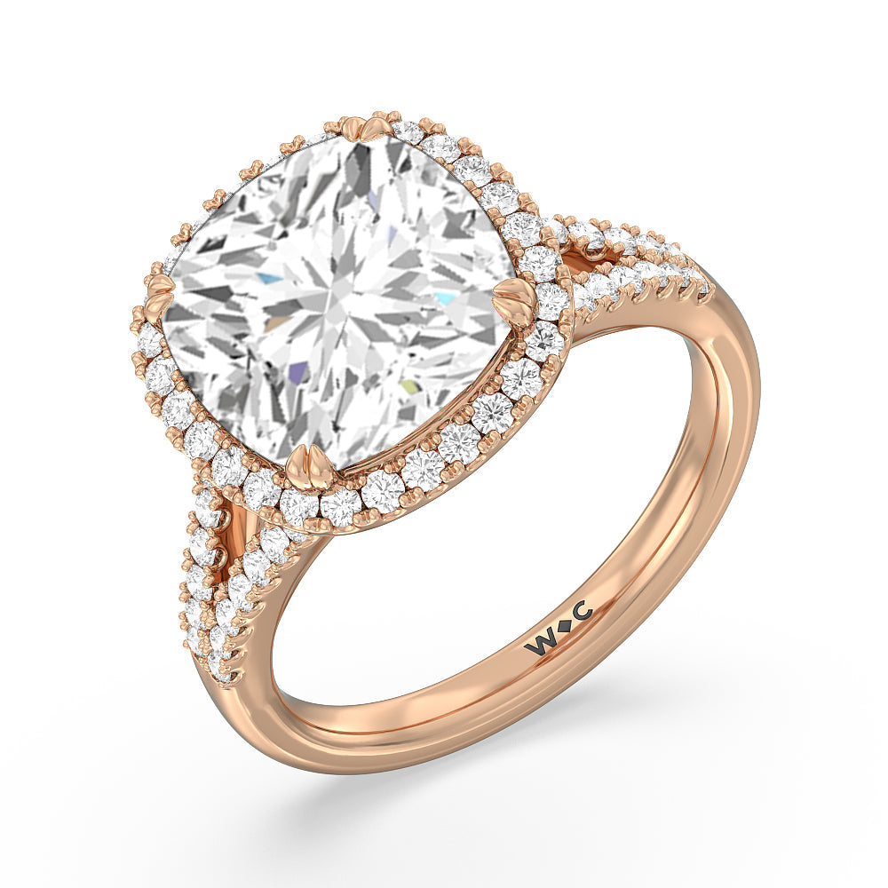 Elegance Split Shank Halo Engagement Ring with Cushion Cut Diamond in 14KT Rose Gold view 3
