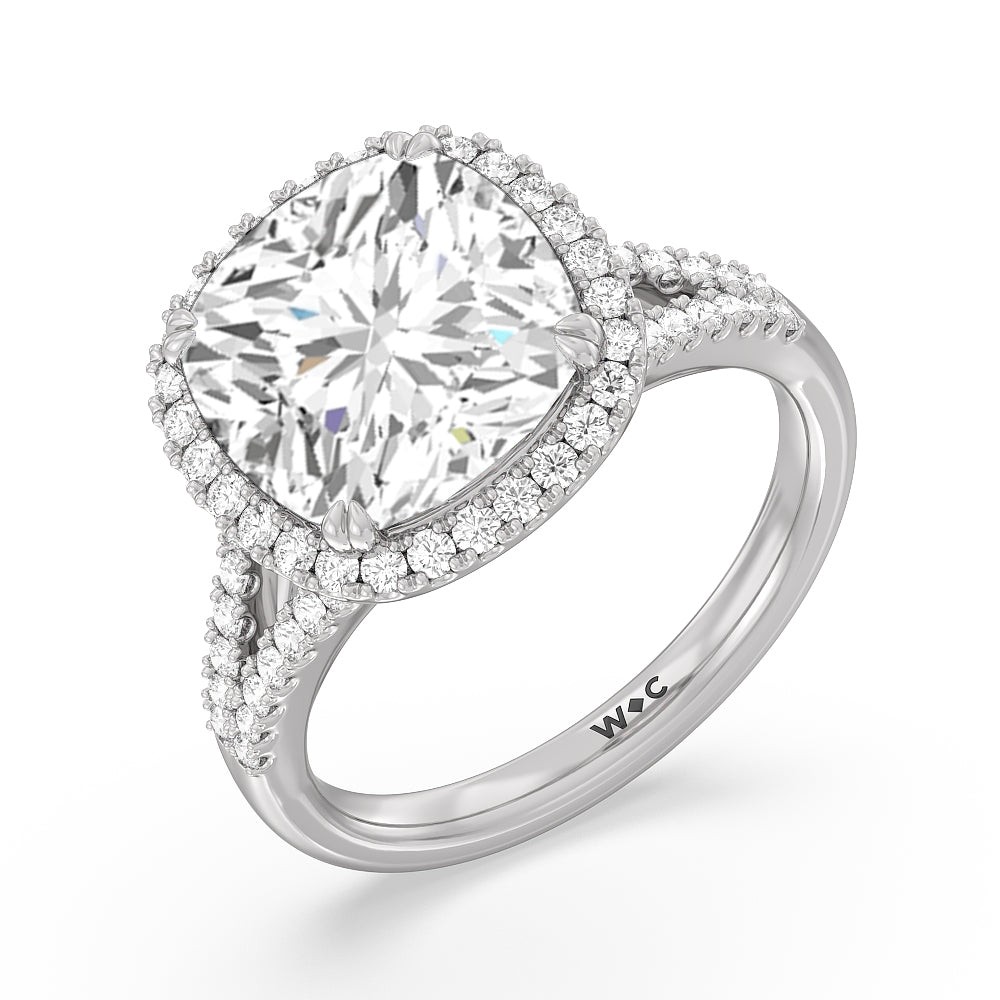 Elegance Split Shank Halo Engagement Ring with Cushion Cut Diamond in 14KT Platinum view 3
