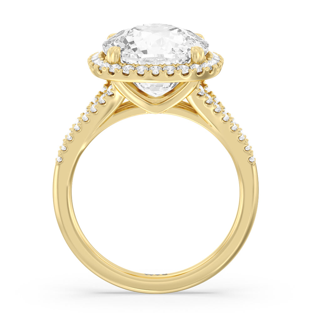 Elegance Split Shank Halo Engagement Ring with Cushion Cut Diamond in 14KT Yellow Gold view 2
