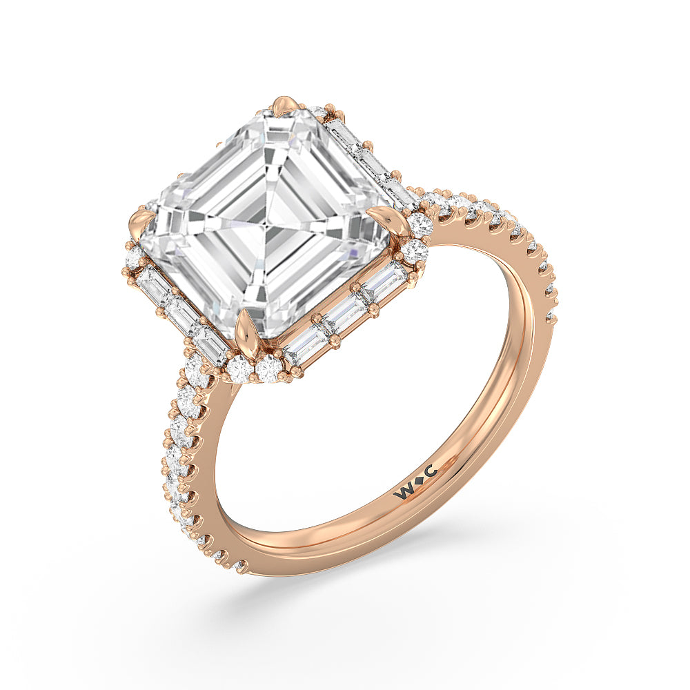 Elegance Baguette Halo Pave Engagement Ring with Asscher Cut Diamond in 14KT Rose Gold view 3
