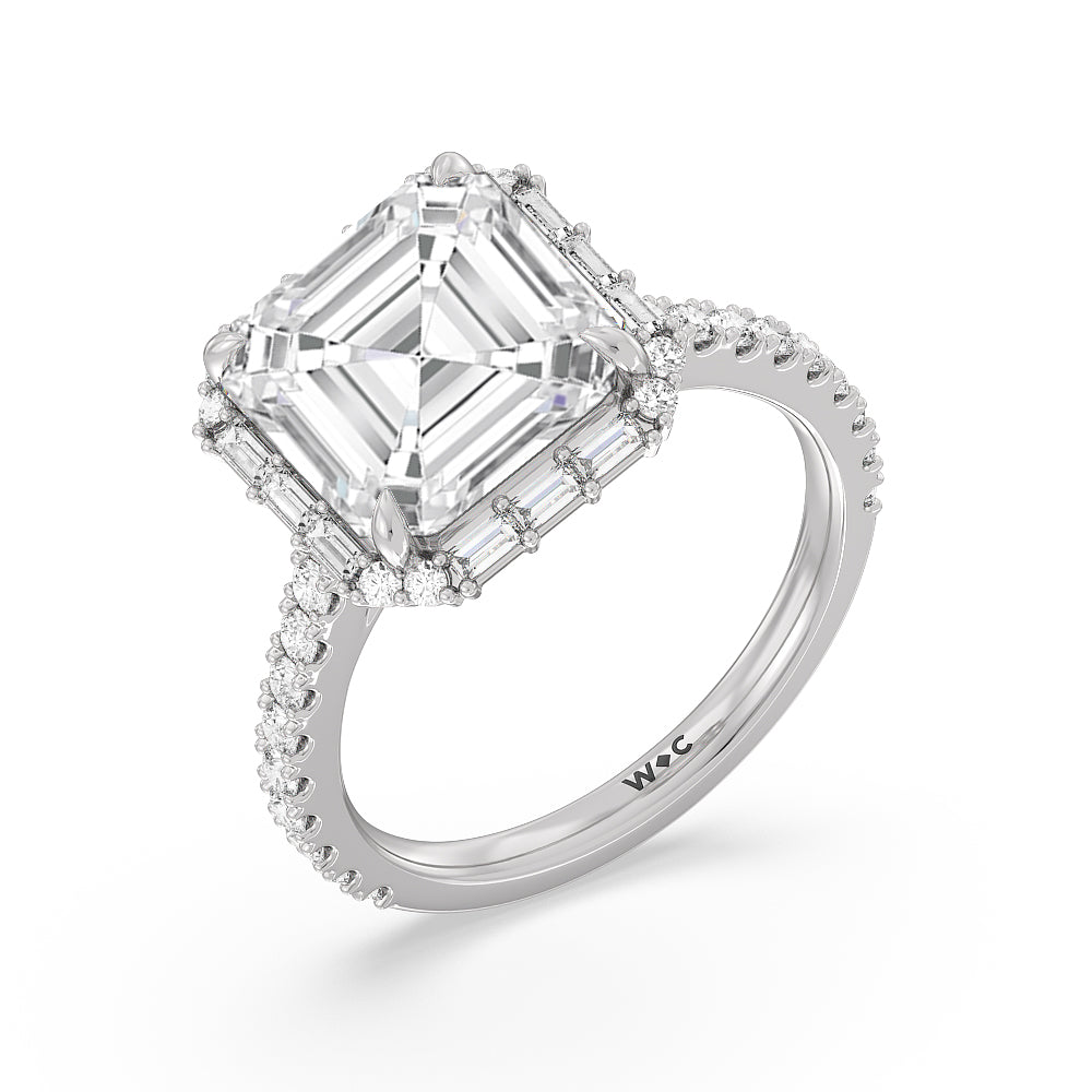 Elegance Baguette Halo Pave Engagement Ring with Asscher Cut Diamond in 14KT Platinum view 3

