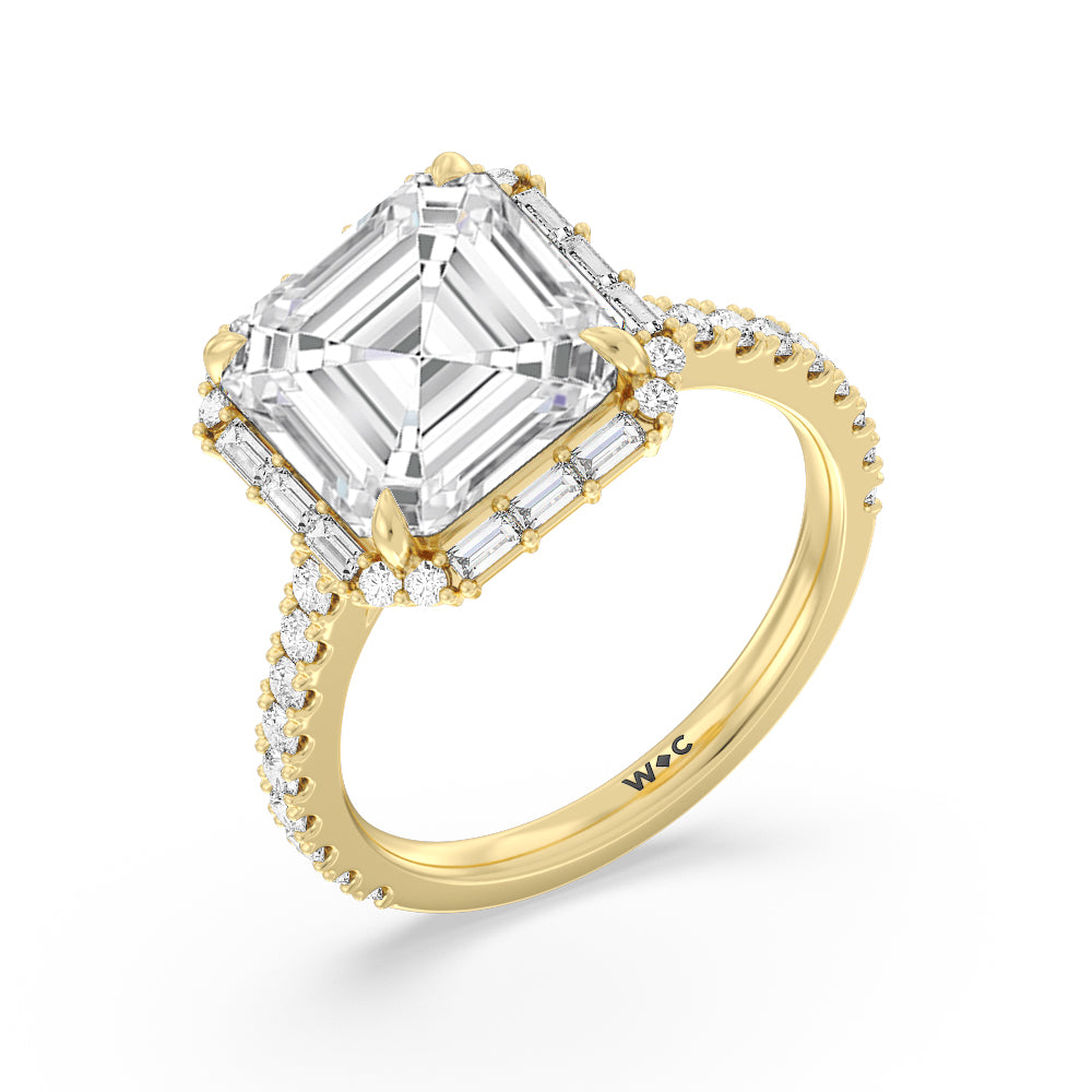 Elegance Baguette Halo Pave Engagement Ring with Asscher Cut Diamond in 14KT Yellow Gold view 3
