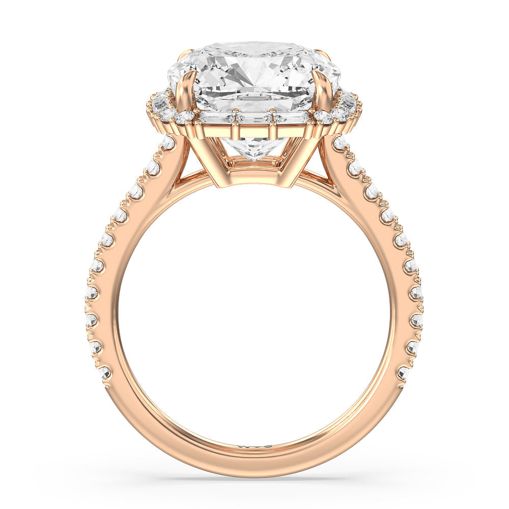 Elegance Baguette Halo Pave Engagement Ring with Cushion Cut Diamond in 14KT Rose Gold view 2
