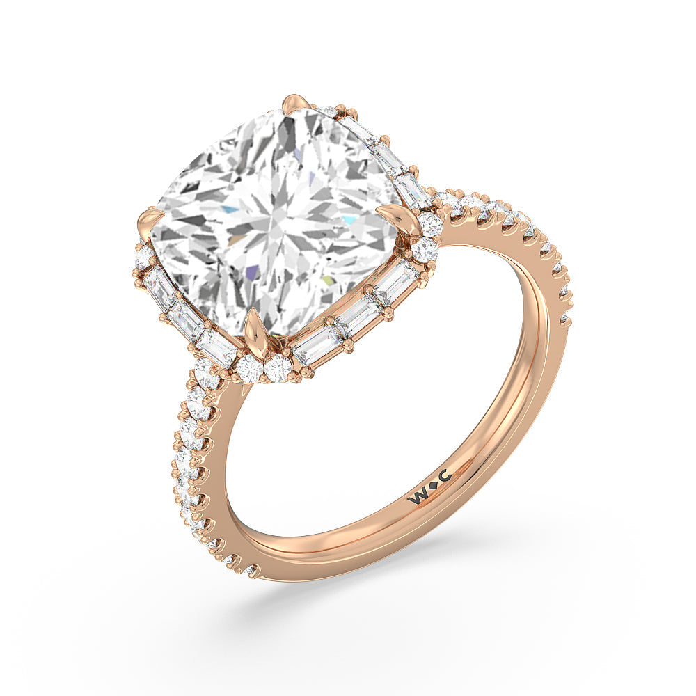 Elegance Baguette Halo Pave Engagement Ring with Cushion Cut Diamond in 14KT Rose Gold view 3
