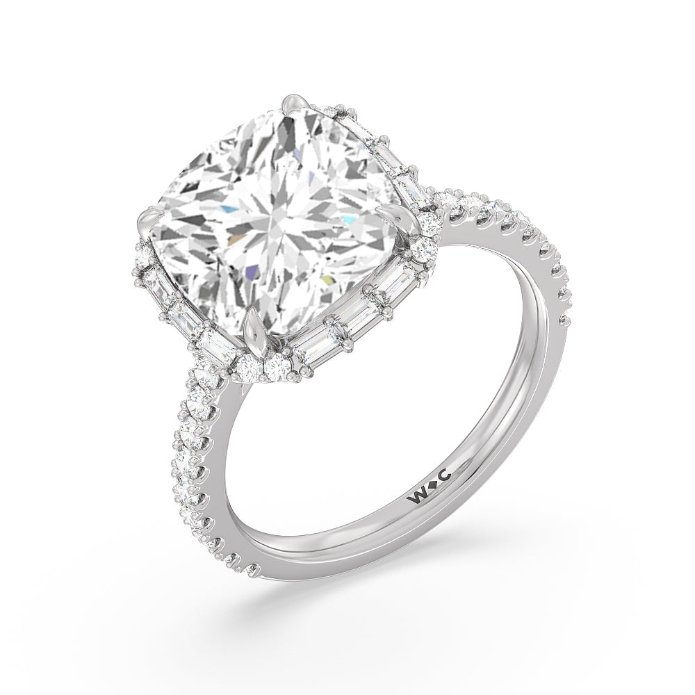 Elegance Baguette Halo Pave Engagement Ring with Cushion Cut Diamond in 14KT Platinum view 3
