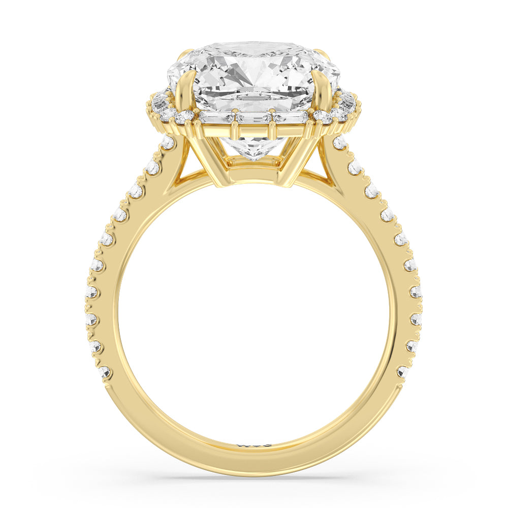 Elegance Baguette Halo Pave Engagement Ring with Cushion Cut Diamond in 14KT Yellow Gold view 2
