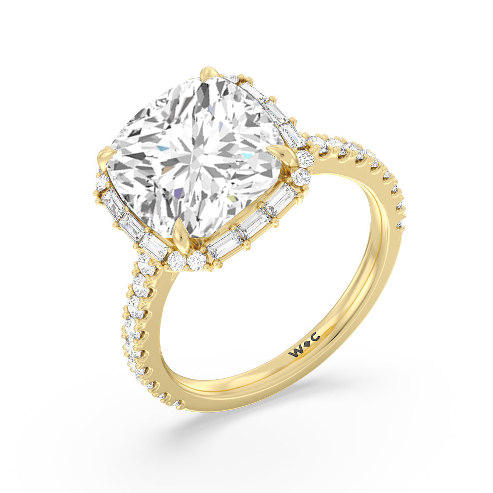 Elegance Baguette Halo Pave Engagement Ring with Cushion Cut Diamond in 14KT Yellow Gold view 3
