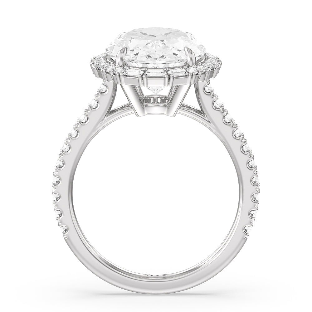 Elegance Baguette Halo Pave Engagement Ring with Oval Cut Diamond in 14KT Platinum view 2

