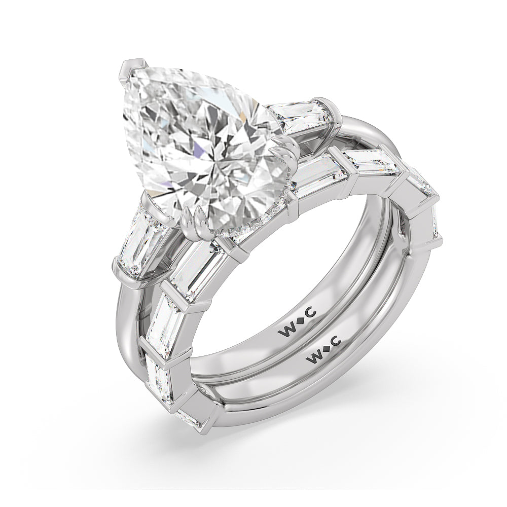 Elegance Baguette Side Stone Diamond Wedding Band with Platinum Cut Diamond in 14KT Platinum view 3
