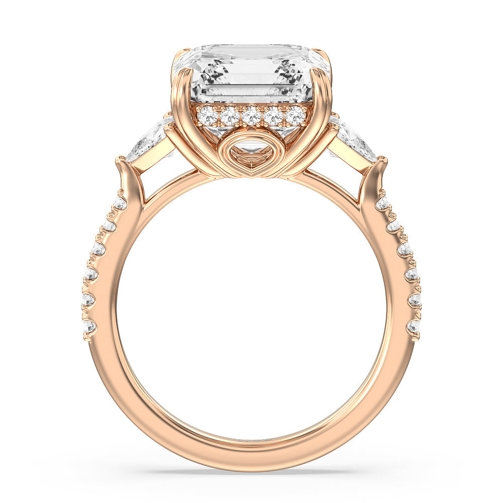 Elegance Trillion Diamond Three Stone Engagement Ring with Asscher Cut Diamond in 14KT Rose Gold view 2
