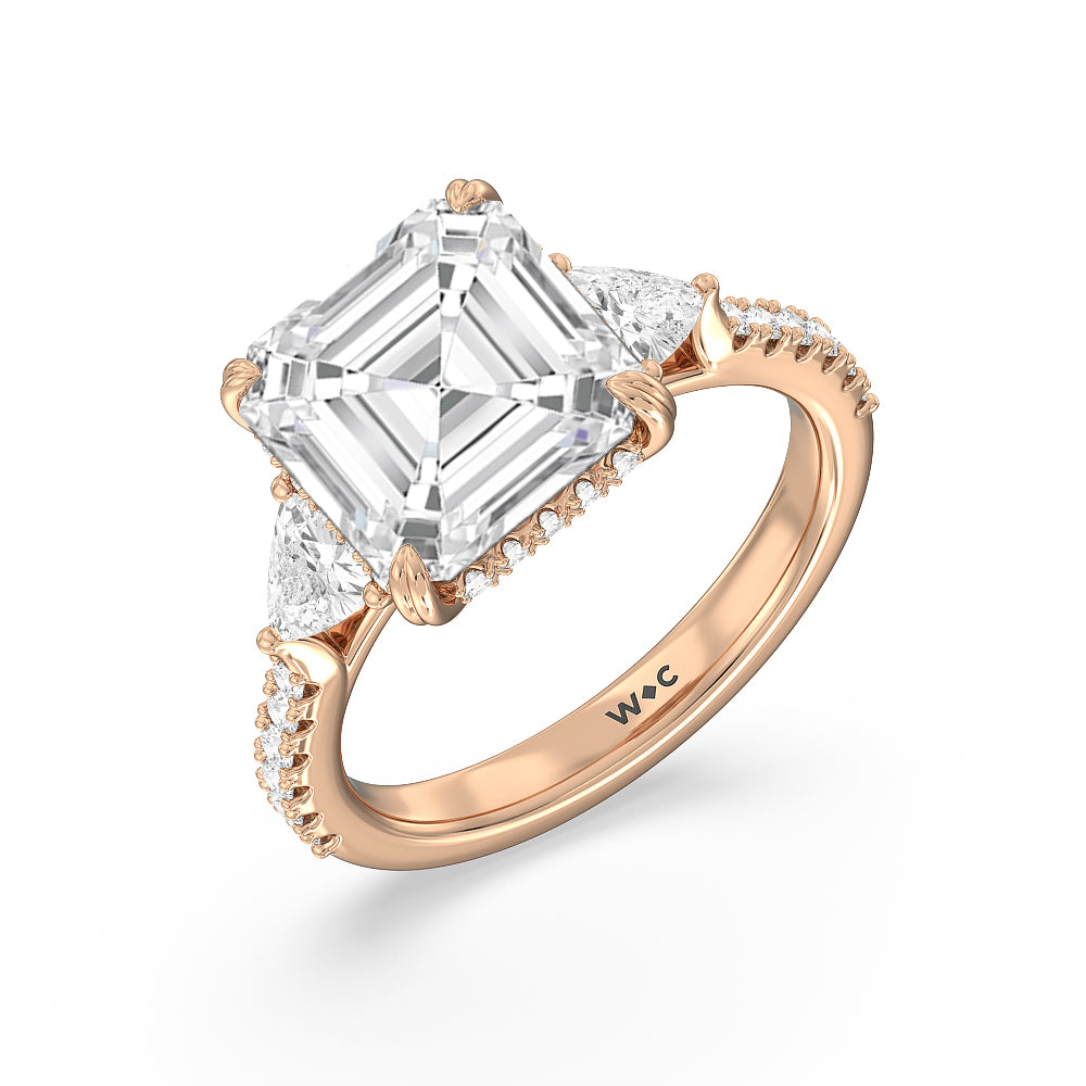 Elegance Trillion Diamond Three Stone Engagement Ring with Asscher Cut Diamond in 14KT Rose Gold view 3
