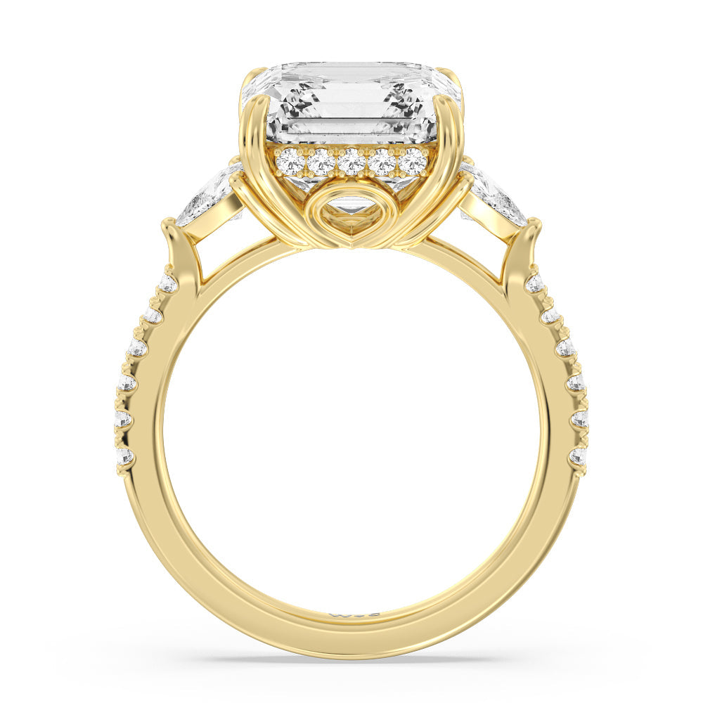 Elegance Trillion Diamond Three Stone Engagement Ring with Asscher Cut Diamond in 14KT Yellow Gold view 2

