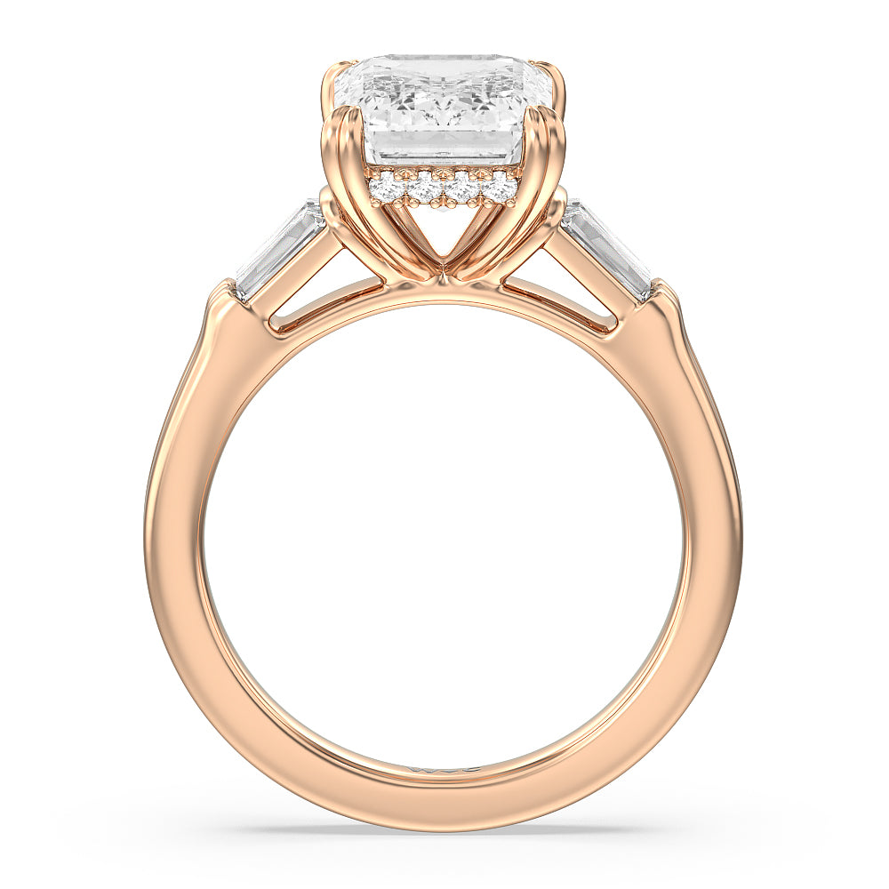 Elegance Twin Baguette Side Stone Engagement Ring with Emerald Cut Diamond in 14KT Rose Gold view 2
