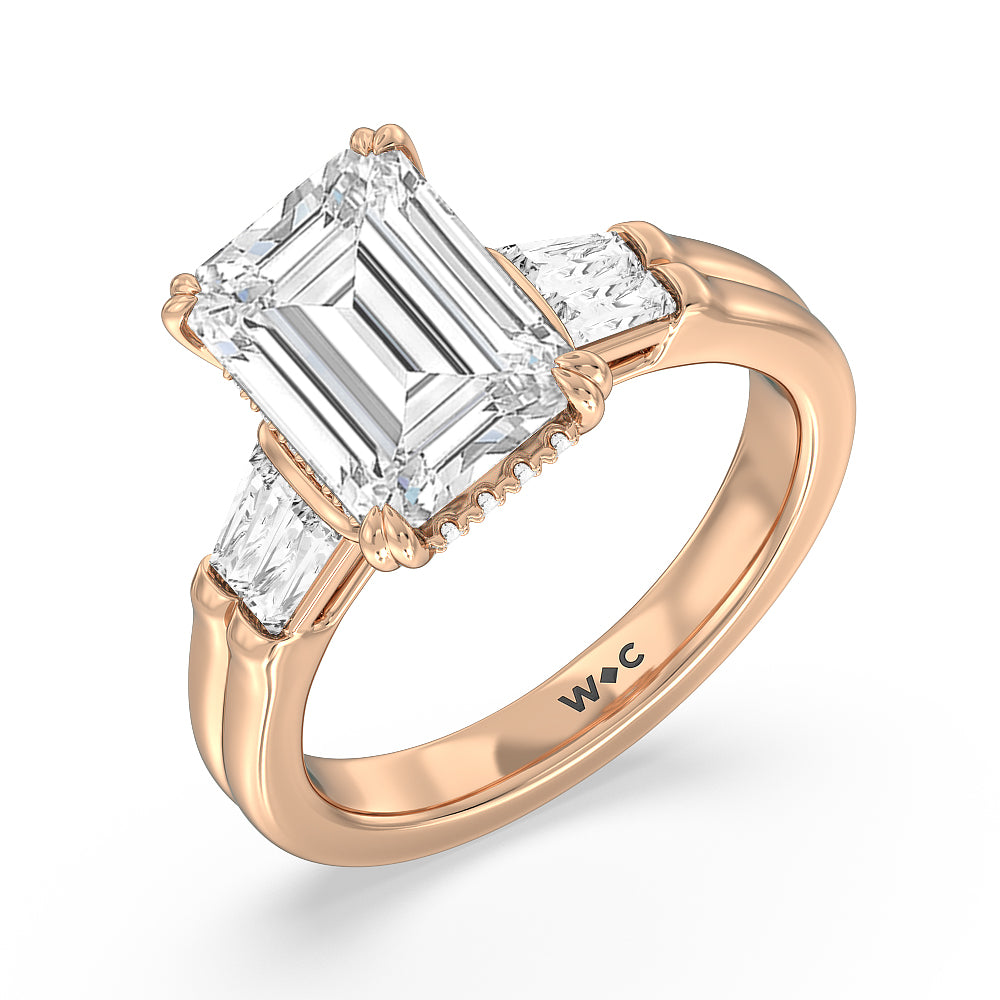 Elegance Twin Baguette Side Stone Engagement Ring with Emerald Cut Diamond in 14KT Rose Gold view 3
