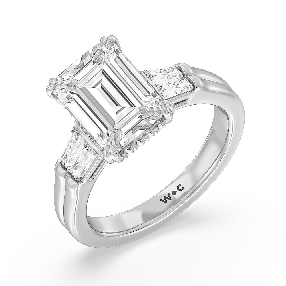 Elegance Twin Baguette Side Stone Engagement Ring with Emerald Cut Diamond in 14KT Platinum view 3
