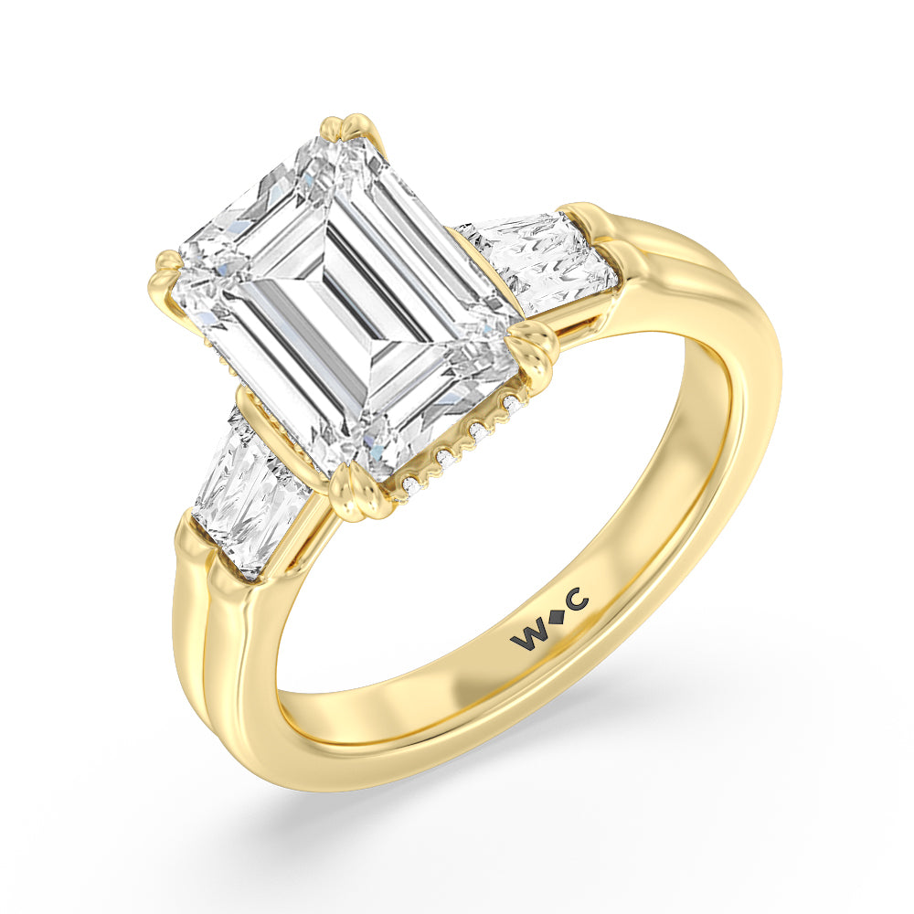 Elegance Twin Baguette Side Stone Engagement Ring with Emerald Cut Diamond in 14KT Yellow Gold view 3
