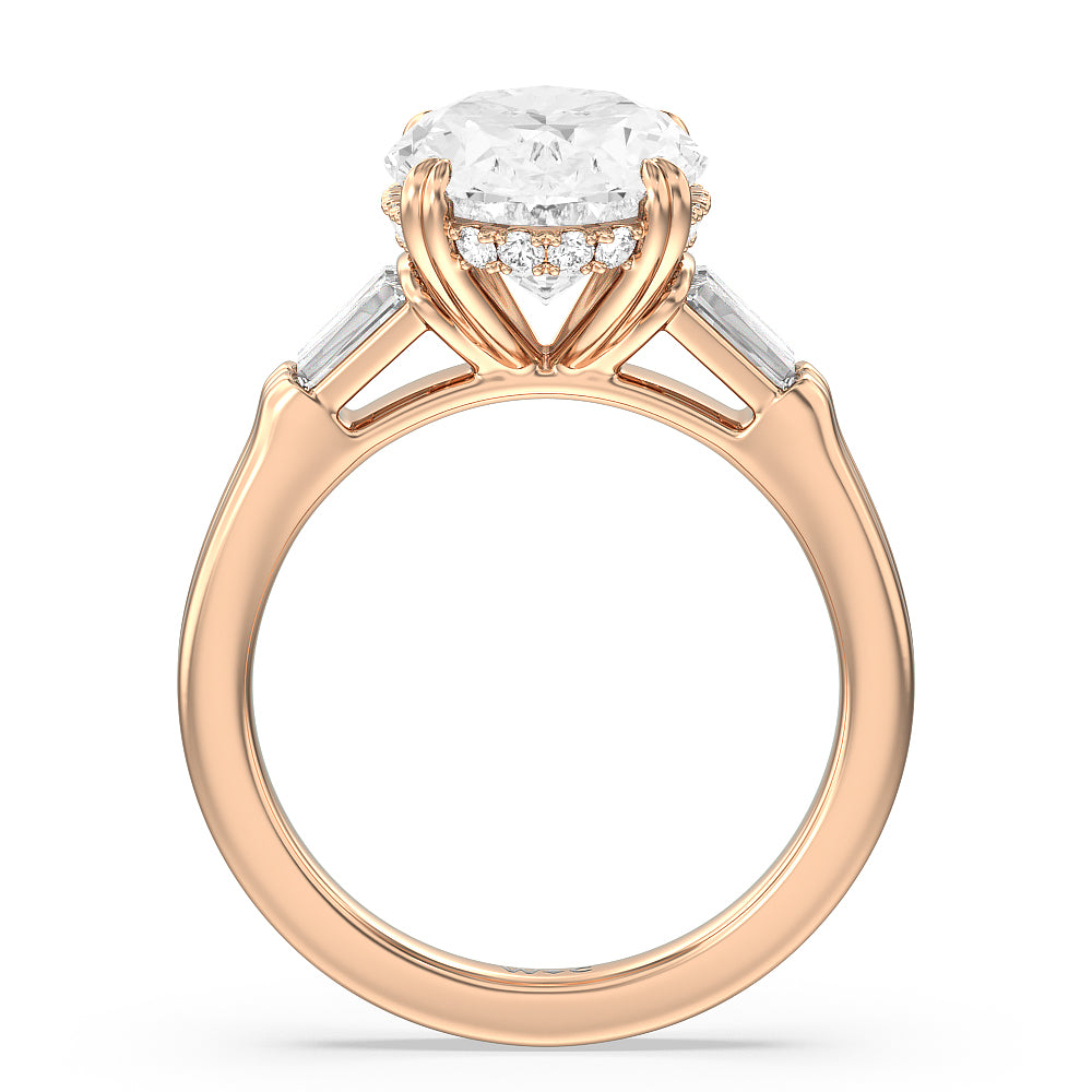 Elegance Twin Baguette Side Stone Engagement Ring with Oval Cut Diamond in 14KT Rose Gold view 2
