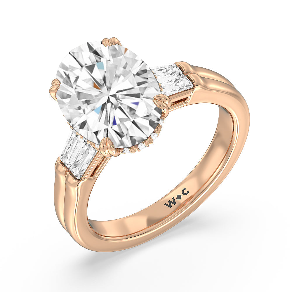 Elegance Twin Baguette Side Stone Engagement Ring with Oval Cut Diamond in 14KT Rose Gold view 3
