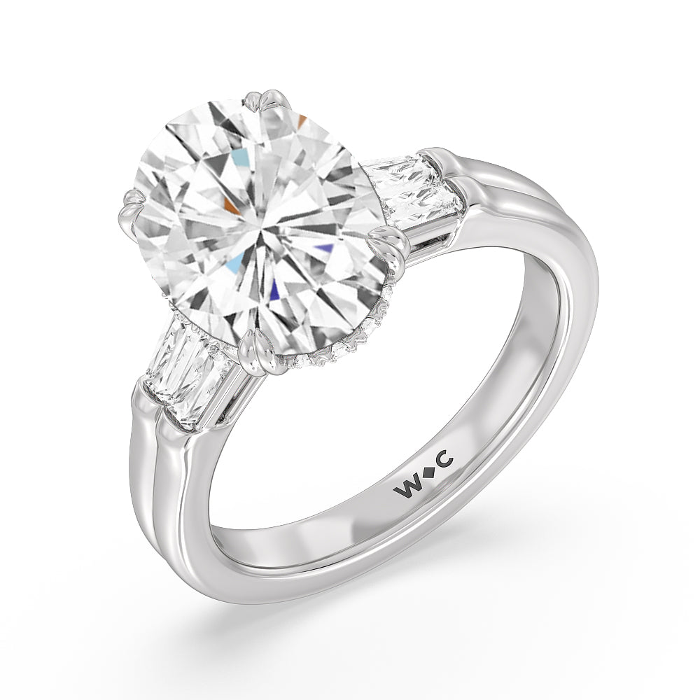 Elegance Twin Baguette Side Stone Engagement Ring with Oval Cut Diamond in 14KT Platinum view 3
