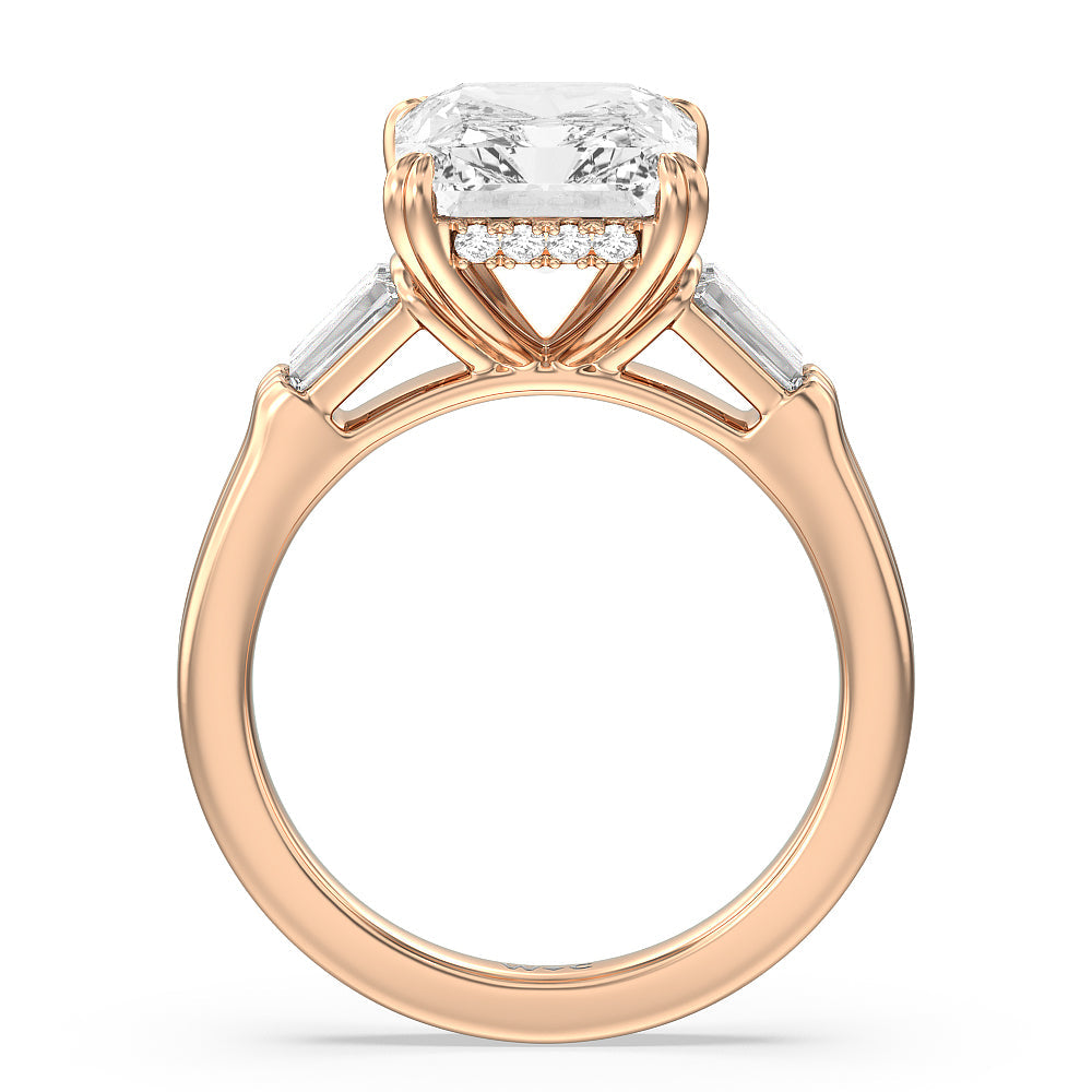 Elegance Twin Baguette Side Stone Engagement Ring with Radiant Cut Diamond in 14KT Rose Gold view 2
