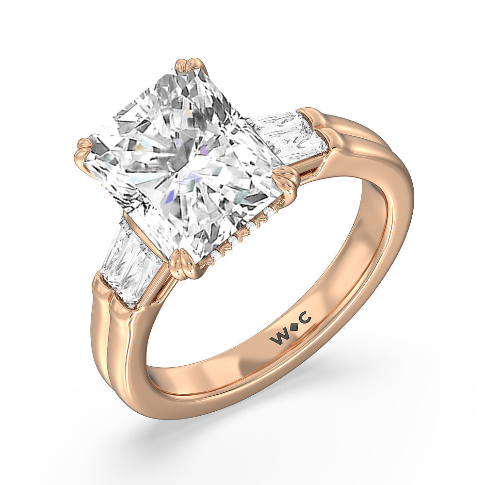 Elegance Twin Baguette Side Stone Engagement Ring with Radiant Cut Diamond in 14KT Rose Gold view 3
